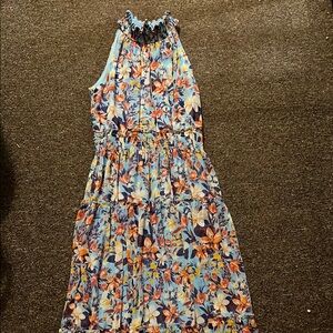 Floral Sleeveless Dress - Blue and Orange